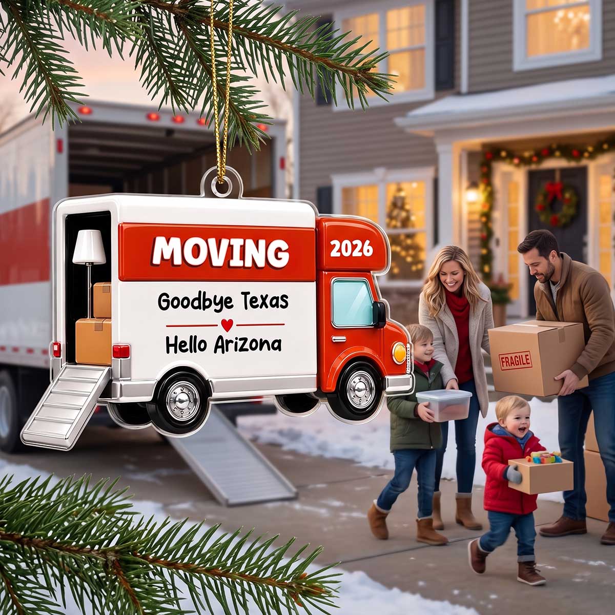 Personalized Red Moving Van Acrylic Ornament | Christmas New Home Decor For Family & Movers
