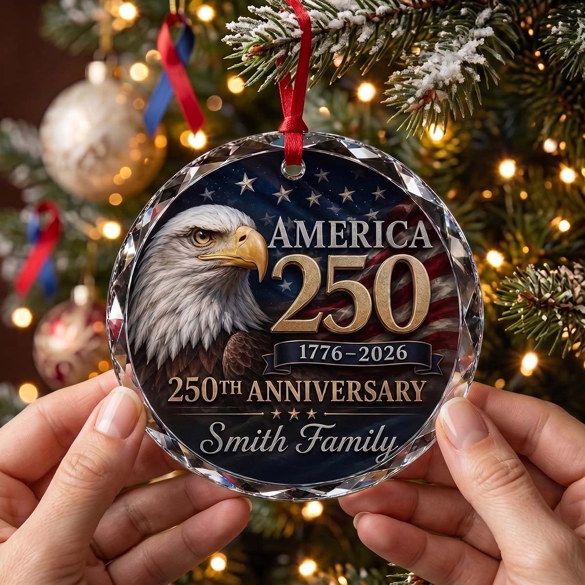 Personalized Bald Eagle America 250th Glass Ornament | 1776-2026 Patriotic Christmas Family Keepsake