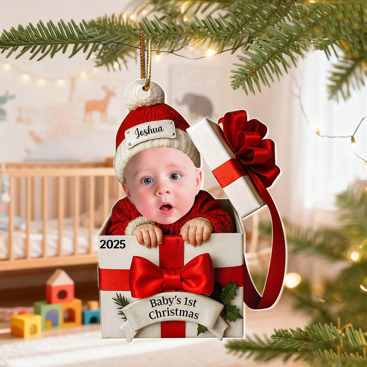 Personalized Baby Sitting Christmas Gift Box Ornament With Name Photo & Year New Baby 1st Christmas Announcement Gift For Family