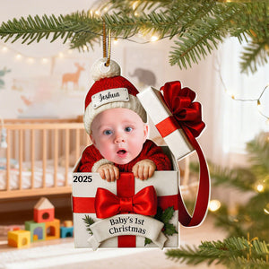 Personalized Baby Sitting Christmas Gift Box Ornament With Name Photo & Year New Baby Christmas Announcement Gift For Family