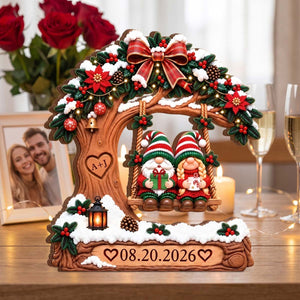 Christmas Couple on Snowy Tree Swing - Personalized Couple Tree Swing Wooden Block For Couple Christmas Anniversary Gift