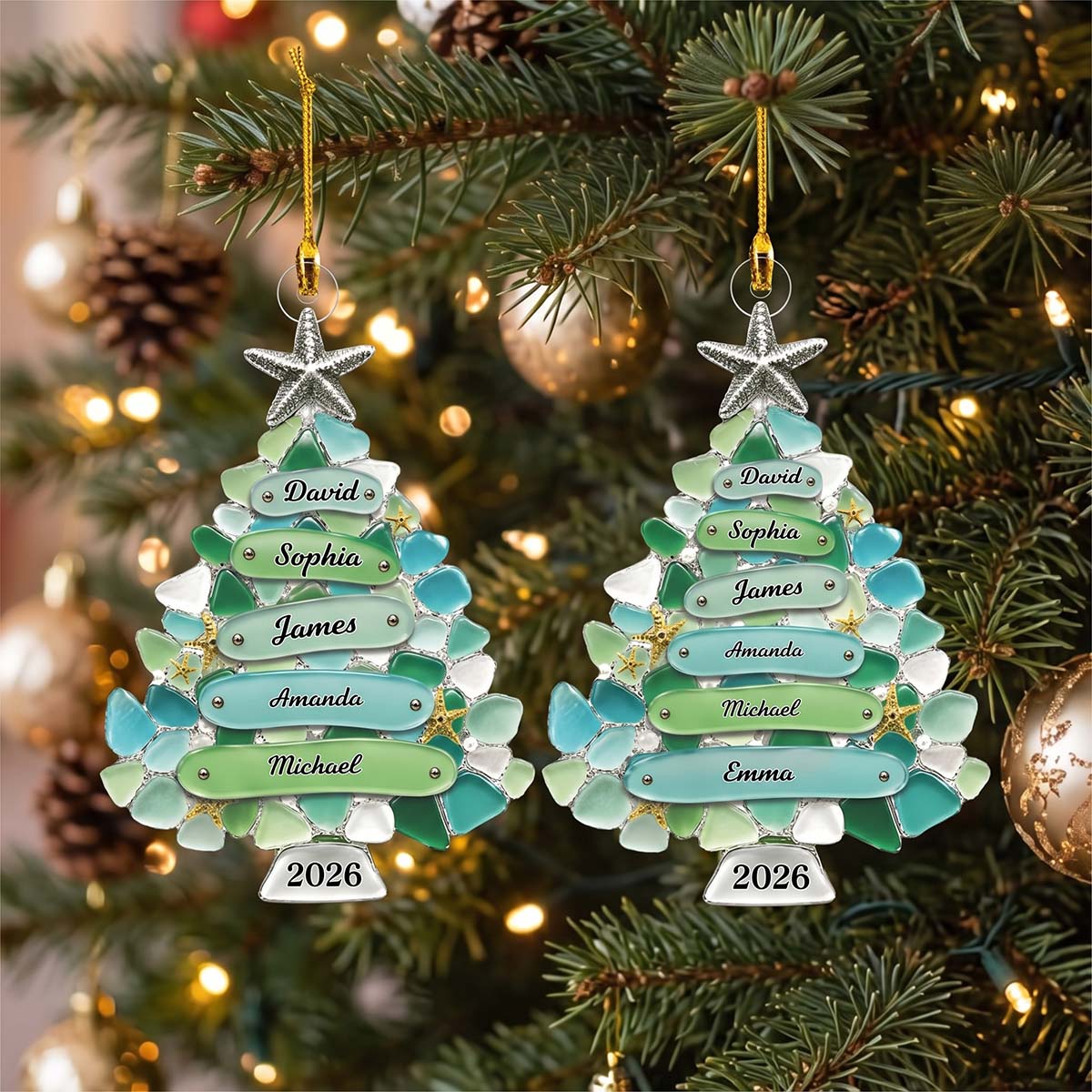 Personalized Sea Glass Style Family Tree Acrylic Ornament 2026 | Coastal Christmas Family Keepsake