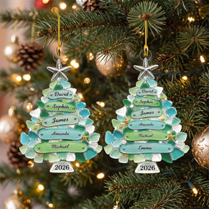 Personalized Sea Glass Style Family Tree Acrylic Ornament 2026 | Coastal Christmas Family Keepsake