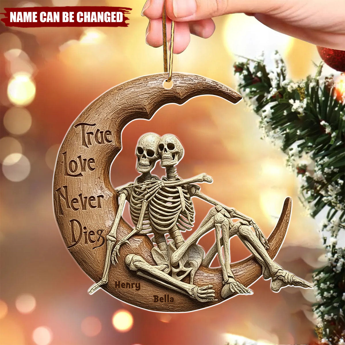 Personalized Skull Couple On Moon Ornament With Names - Gothic Valentine's Day Anniversary Gift For Spooky Fans