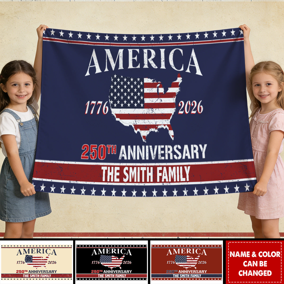 Personalized Patriotic America 250th Anniversary House Flag With Family Name & Color- Vintage Patriotic Gift For Families