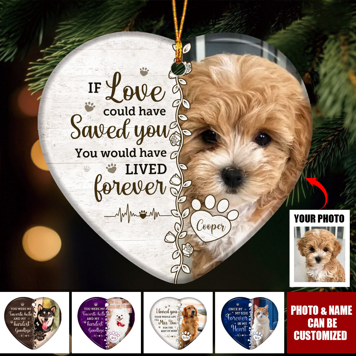 Personalized Memorial Pet Ceramic Ornament With Photo & Name "Once By My Side Forever In My Heart" For Loved Dog & Cat in Heaven