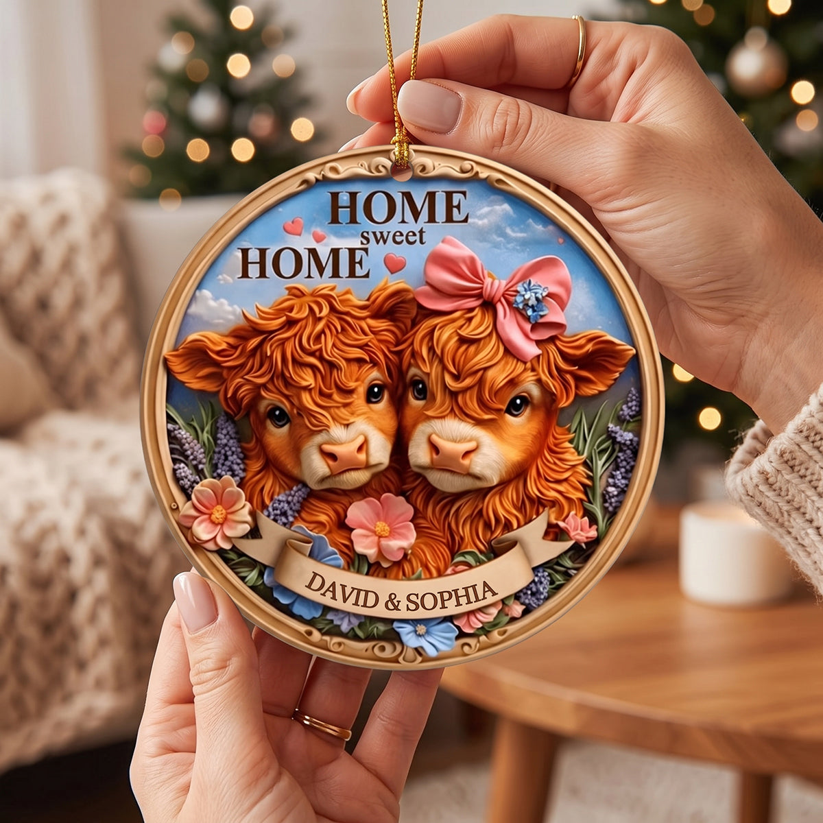 Personalized Highland Cow Couple Ornament | Christmas Keepsake