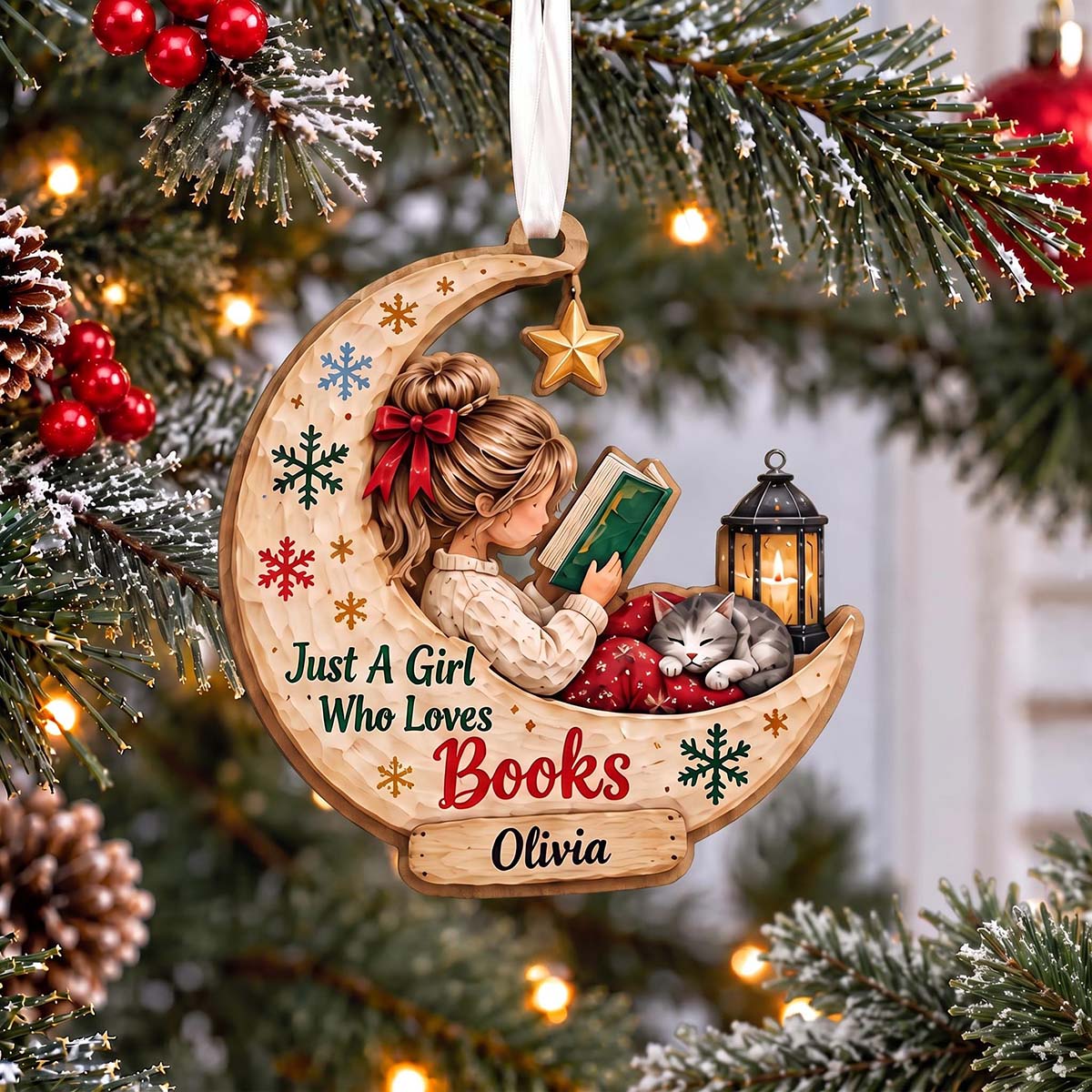 Personalized Girl Reading Book Wooden Ornament With Cat | Book Lover Christmas Tree Gift For Bookworm Girls