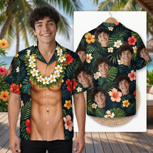 Personalized Face Hawaiian Shirt | Tropical Vacation Button Up, Beach Gift for Men