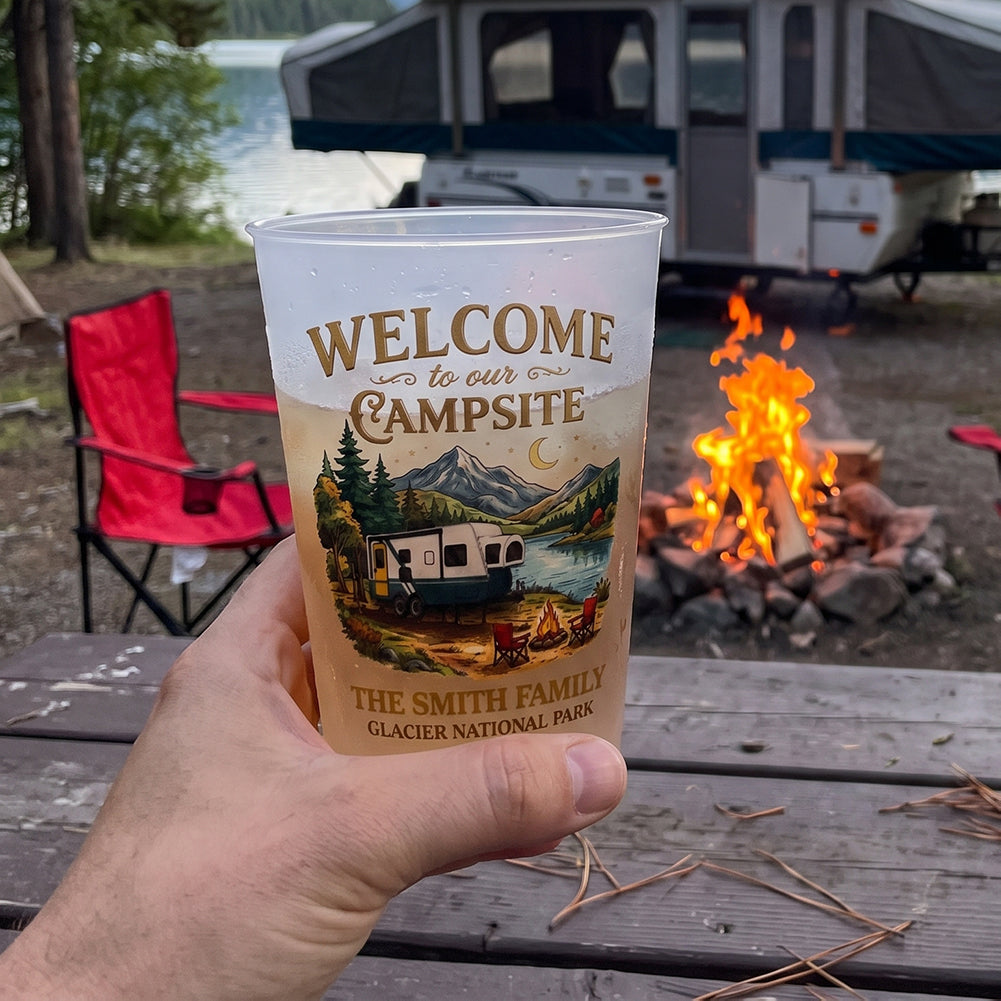 Personalized Family Name Plastic Cups With National Park Campsite For Summer Camping Party Trip