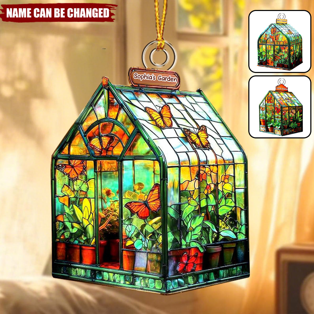 Personalized Stained Glass Style Greenhouse Ornament - Custom Name Garden Cottage Acrylic Decor, Christmas Gift For Gardener & Family