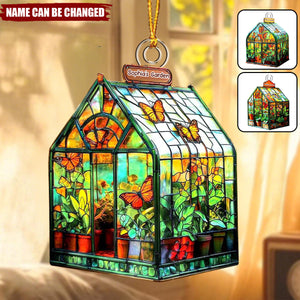 Personalized Stained Glass Style Greenhouse Ornament - Custom Name Garden Cottage Acrylic Decor, Christmas Gift For Gardener & Family