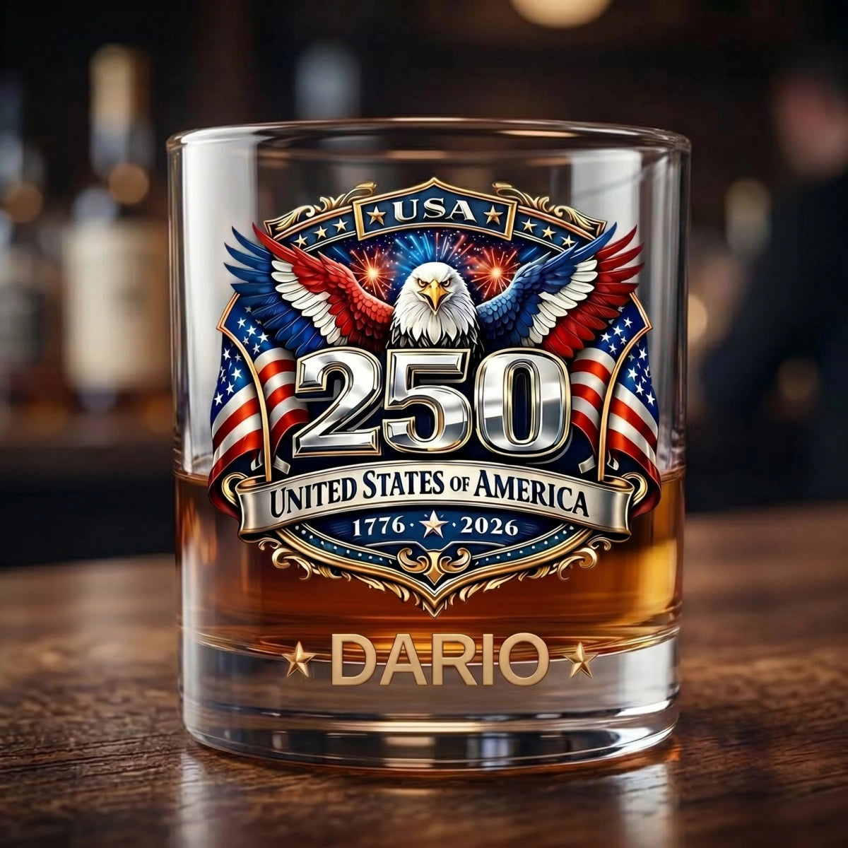 Personalized Patriotic 1776-2026 Whiskey Glass With Name - 250th Anniversary Father's Day Gift For Him