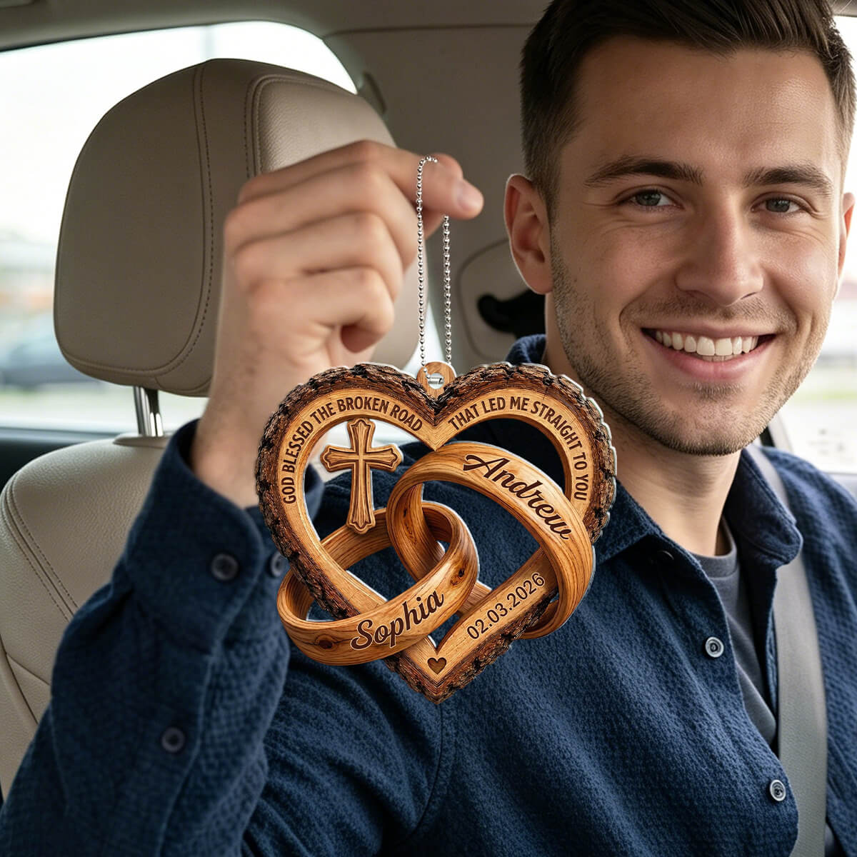 Personalized Name Cross Heart Rings Car Ornament - God Blessed The Broken Road - Gift For Christmas