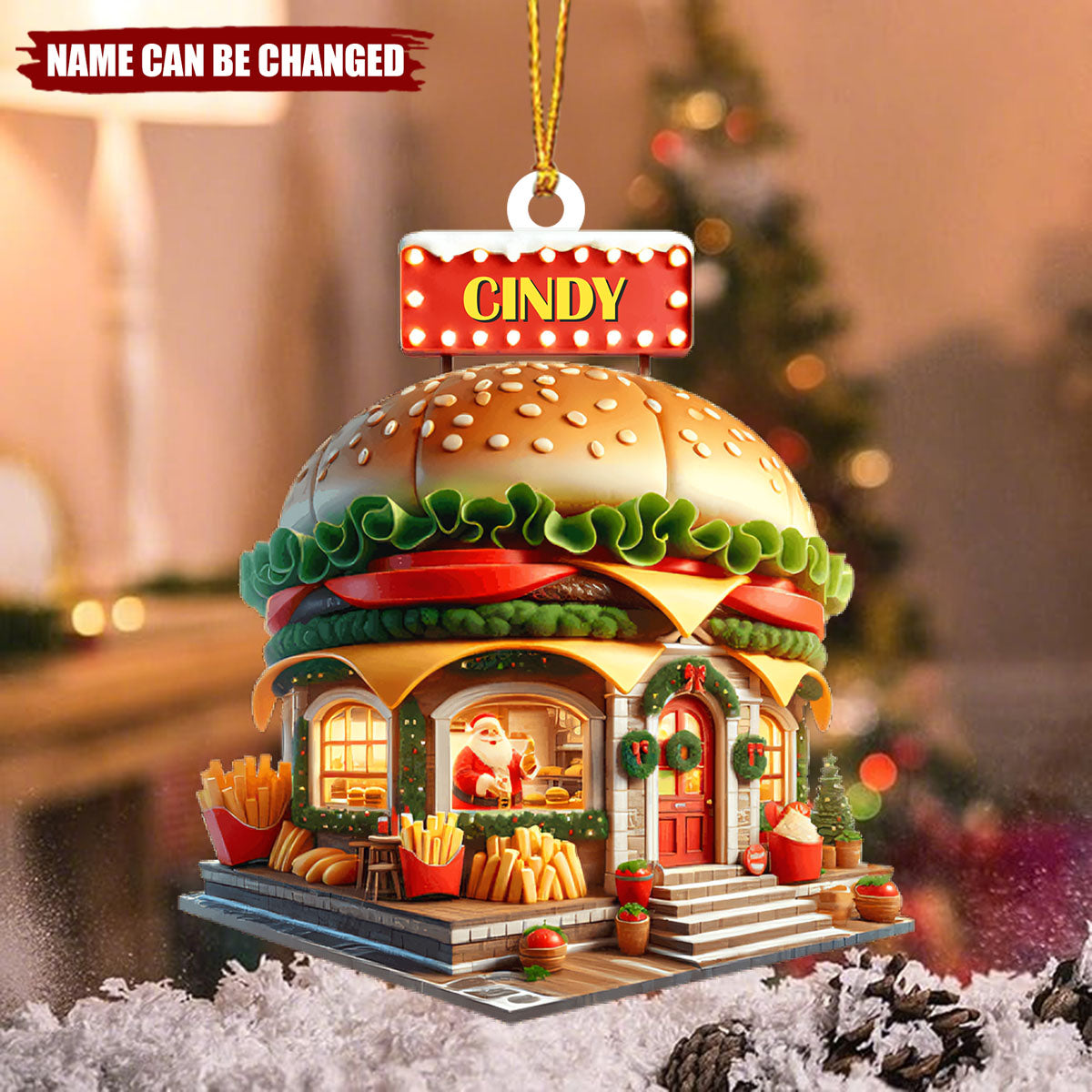Personalized Burger Christmas Ornament With Name,Fun Unique Christmas Gift For the Burger Lover
