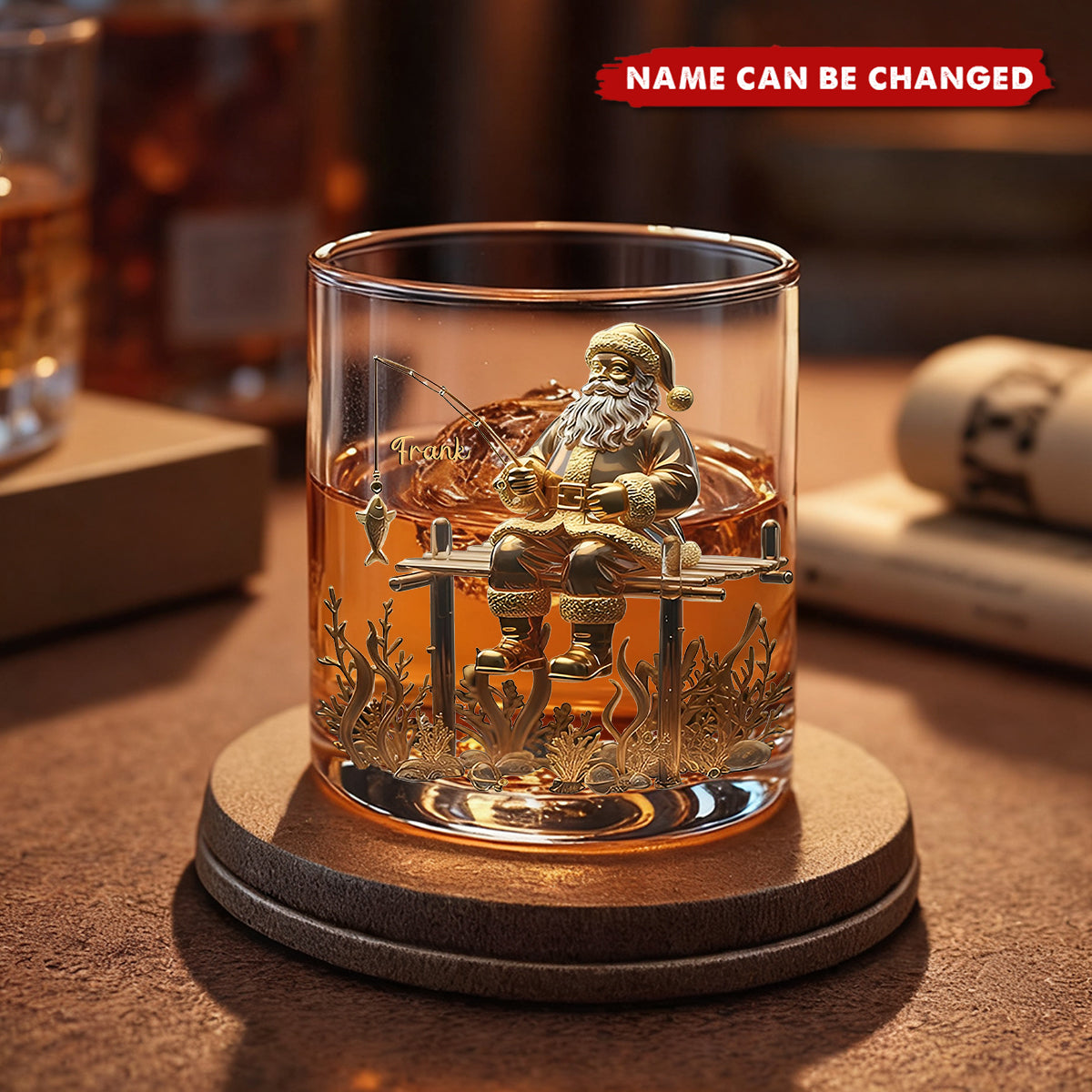 Personalized Santa Claus Fishing Whisky Glass With Name Exclusive Christmas Tipsy Moments For Dad Husband & Friend