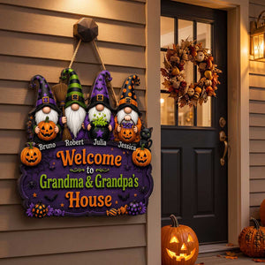 Personalized Wooden Sign With Halloween Gnomes & Pumpkins | Unique Gift For Grandparents