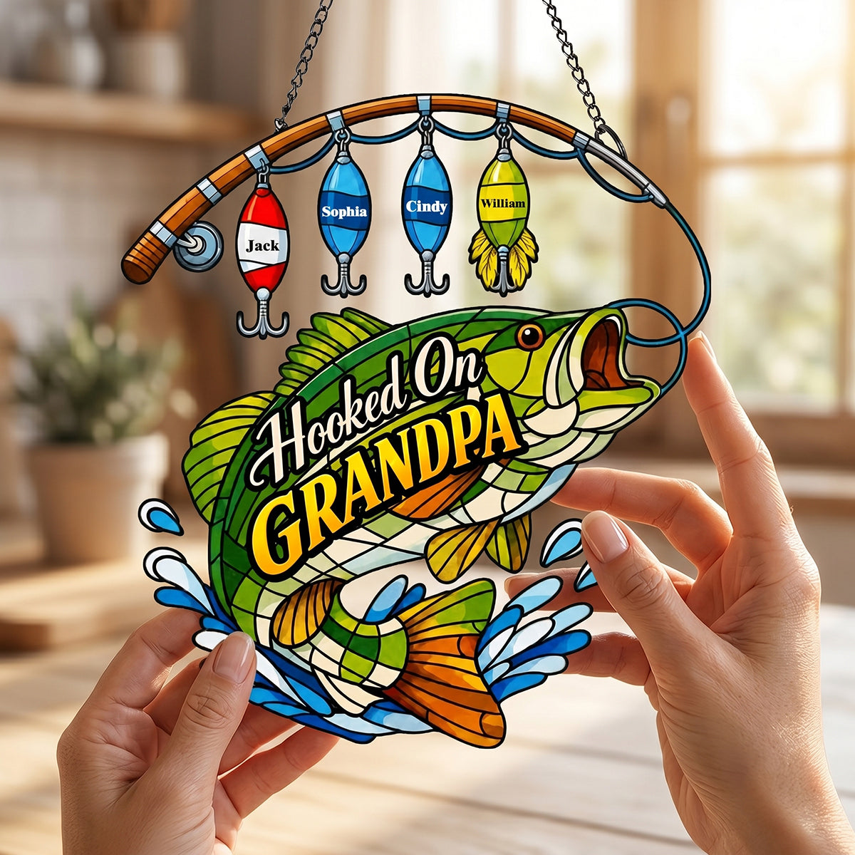 Personalized Fishing Rod Pattern Acrylic Suncatcher | Father's Day Birthday Gift for Dad Husband Friend