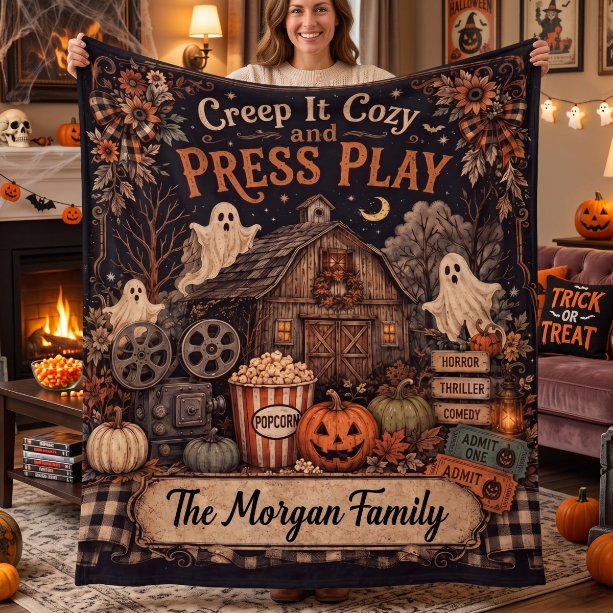 Personalized Halloween Movie Blanket - Haunted House Ghost Pumpkin Movie Night Decor - Family Gift
