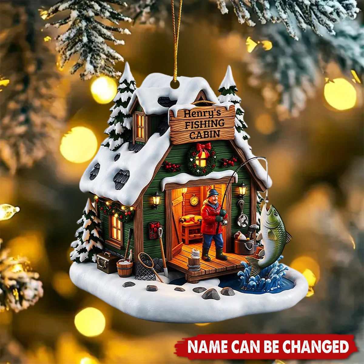 Personalized Fishing Cabin Ornament With Name,Enjoy Winter Fishing Fun For Dad husband & Fishing Lover