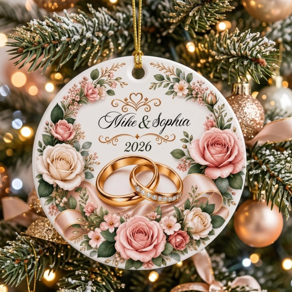 Personalized Couple Name Ceramic Ornament With Gold Rings Rose | Wedding Gift For Christmas