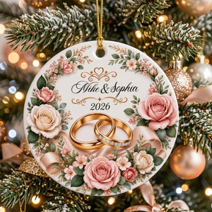 Personalized Couple Name Ceramic Ornament With Gold Rings Rose | Wedding Gift For Christmas