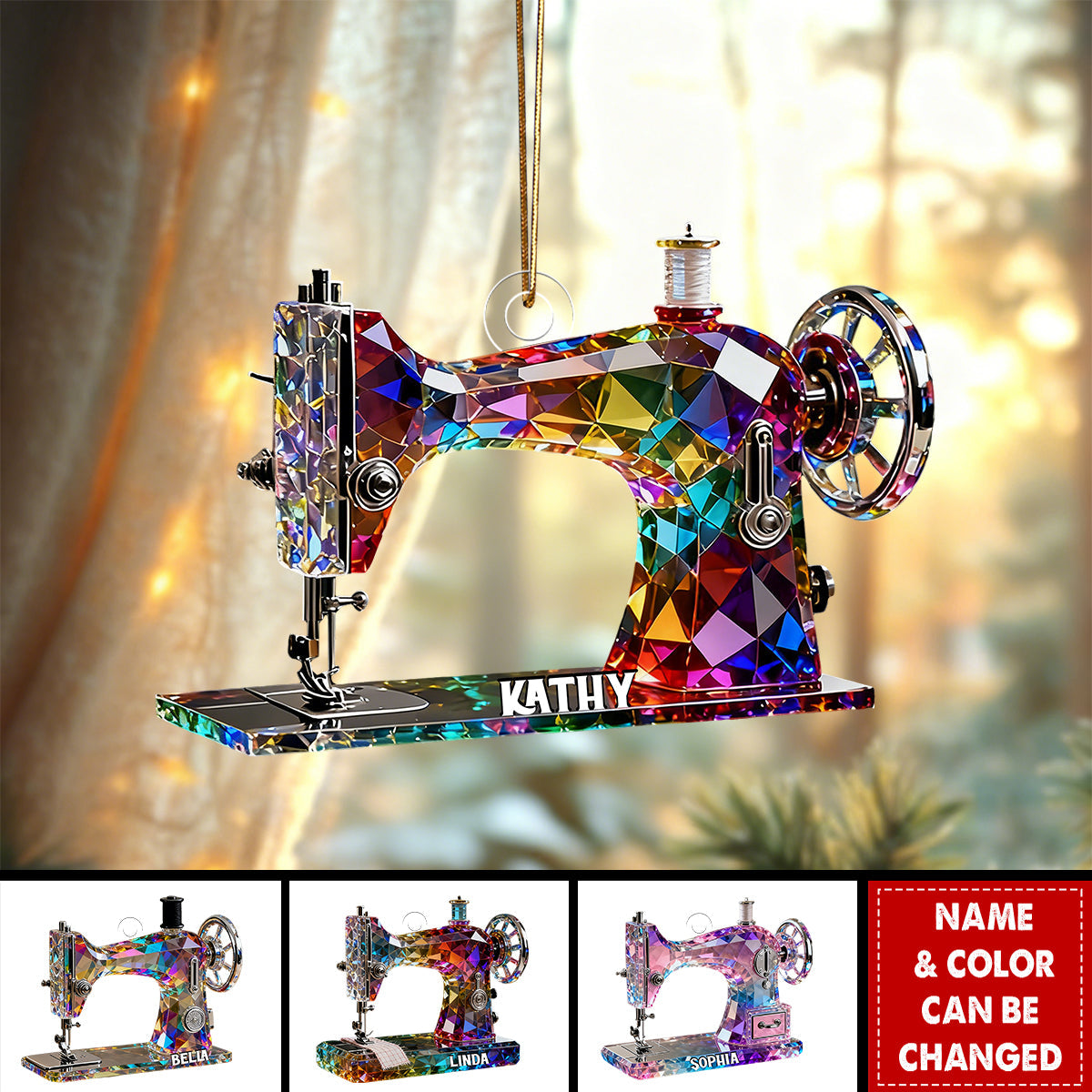 Personalized Stained Glass 3D Effect Sewing Machine Acrylic Ornament With Name - Xmas Birthday Gift For Grandma Mom & Quilters