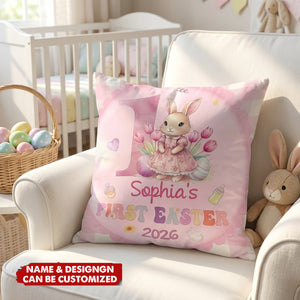 Personalized Baby's First Easter Bunny Pillow With Color & Name, Gift For Kid