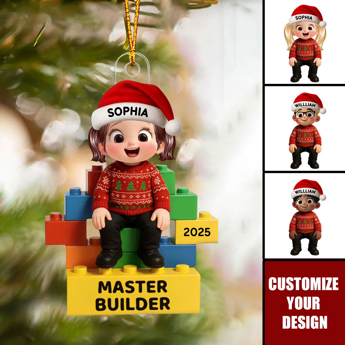 Personalized 3D Effect Little Kid Master Builder Christmas Acrylic Ornament With Name & Year & Icon - Cute Christmas Gift For Family Kids