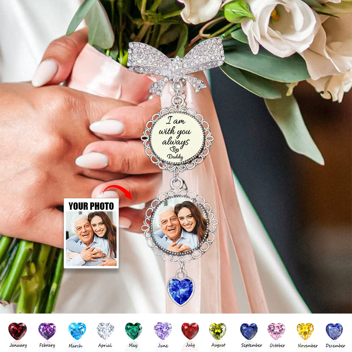 Personalized Wedding Memorial Pins -  Customized Birthstones & Photo,Bridal Bouquet Decoration,Love And Memories Will Always Be With You