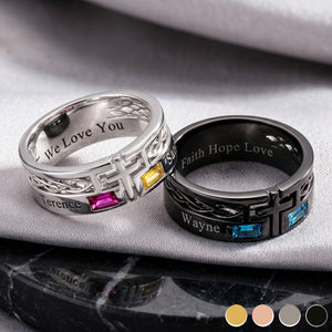 Personalized Cross Birthstone Hollow Ring | Father's Day Birthday Anniversary Gift For Dad Grandpa Men