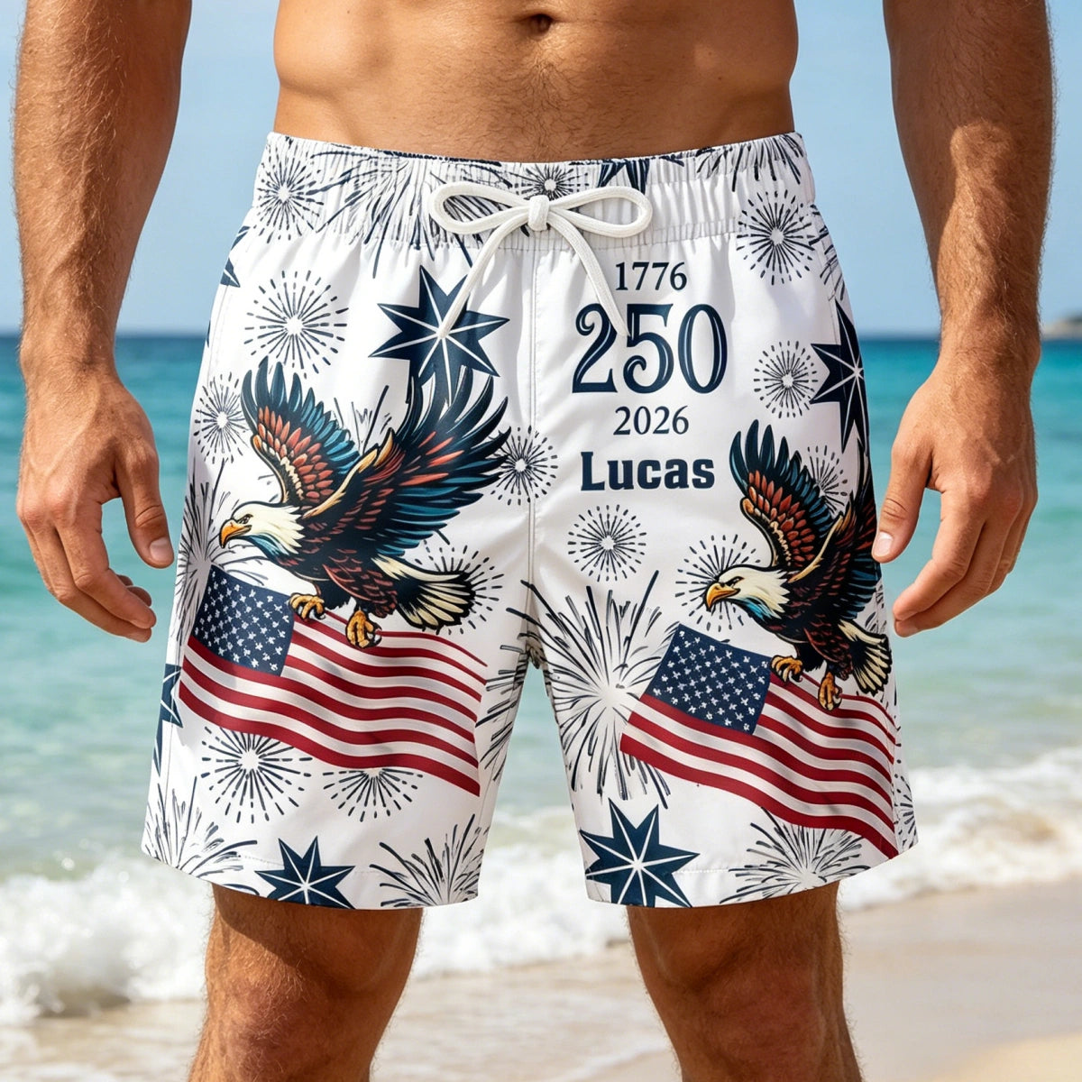 Custom Name USA 250th Anniversary Swim Trunks | Men's Patriotic Flag Shorts | 4th Of July Gift