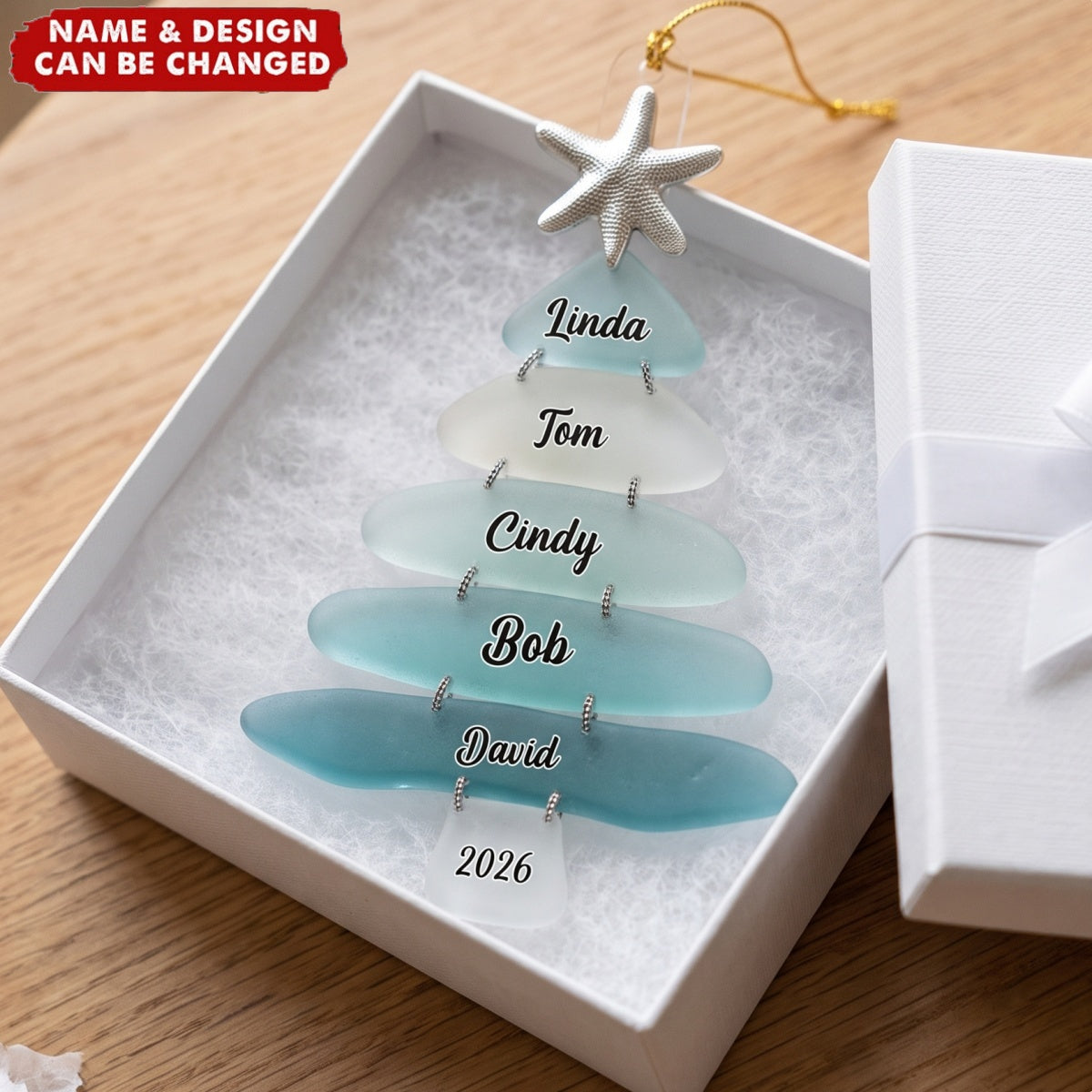 Personalized Sea Glass Christmas Acrylic Ornament With Names- Gift For Family & Beach Lovers