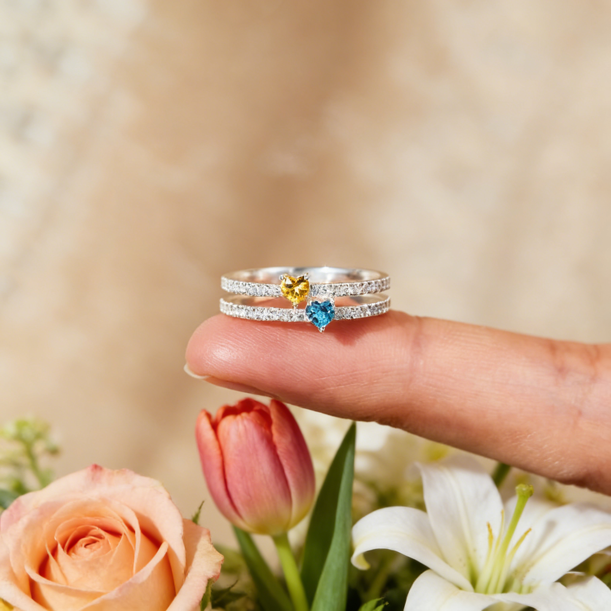 Personalized Double Band Eternity Promise Ring With Two Heart Birthstones - Luxury Valentine's Day Anniversary Gift For Girlfriend & Wife