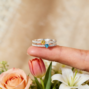 Personalized Double Band Eternity Promise Ring With Two Heart Birthstones - Luxury Valentine's Day Anniversary Gift For Girlfriend & Wife