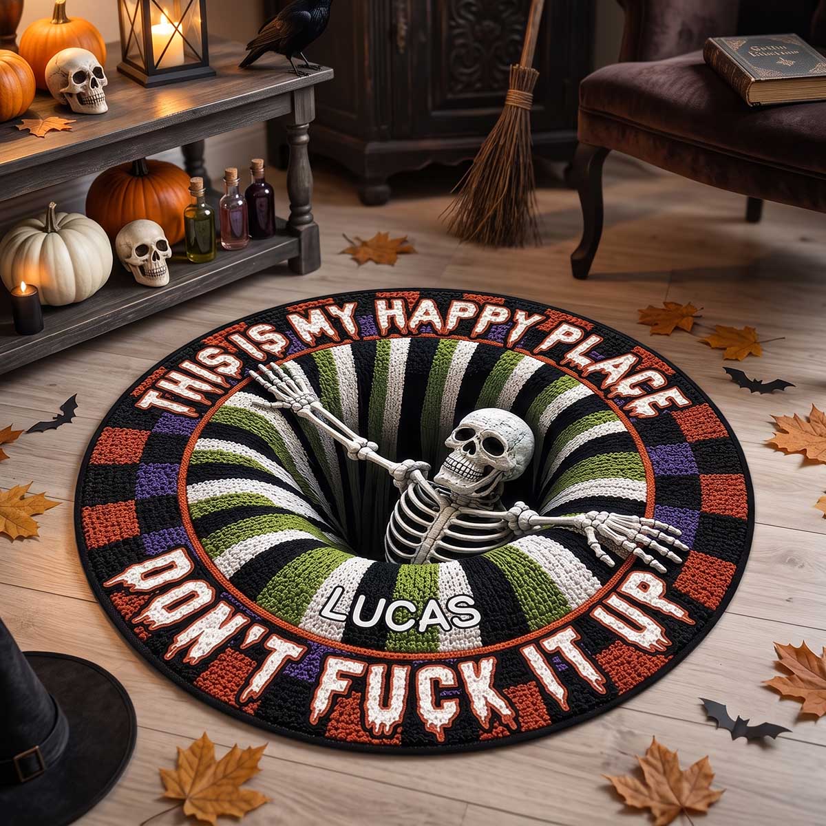 Personalized Halloween Skeleton Doormat With "This Is Our Happy Place" | 3D Effect Home Decor For Gothic Lovers