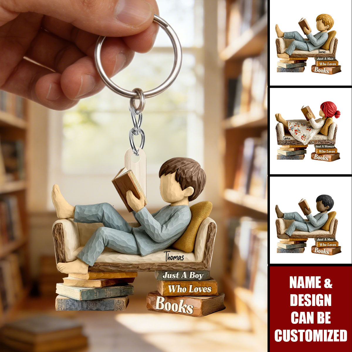 Personalized 3D Effect "Just A Girl / Boy Who Loves Books" Miniature Reading Keychain With Name & Icon - Birthday Surprise For Book Lovers