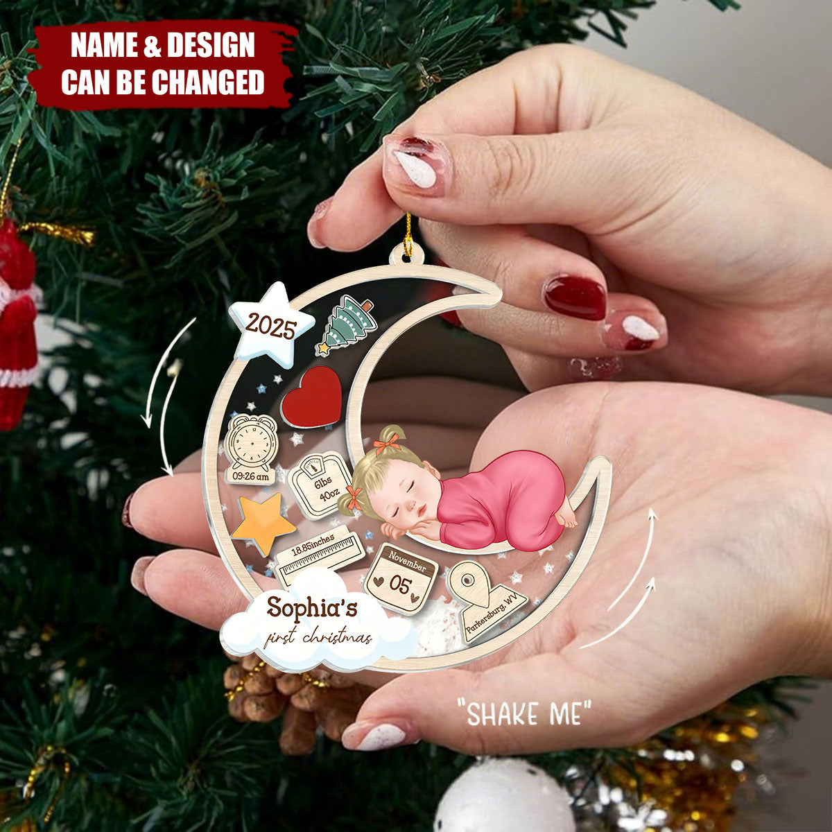 Personalized Baby Sleeping on the Moon 4D Shaker Ornament - Customize Name, Commemorate The First Christmas, Get Baby's Exclusive Christmas Memory