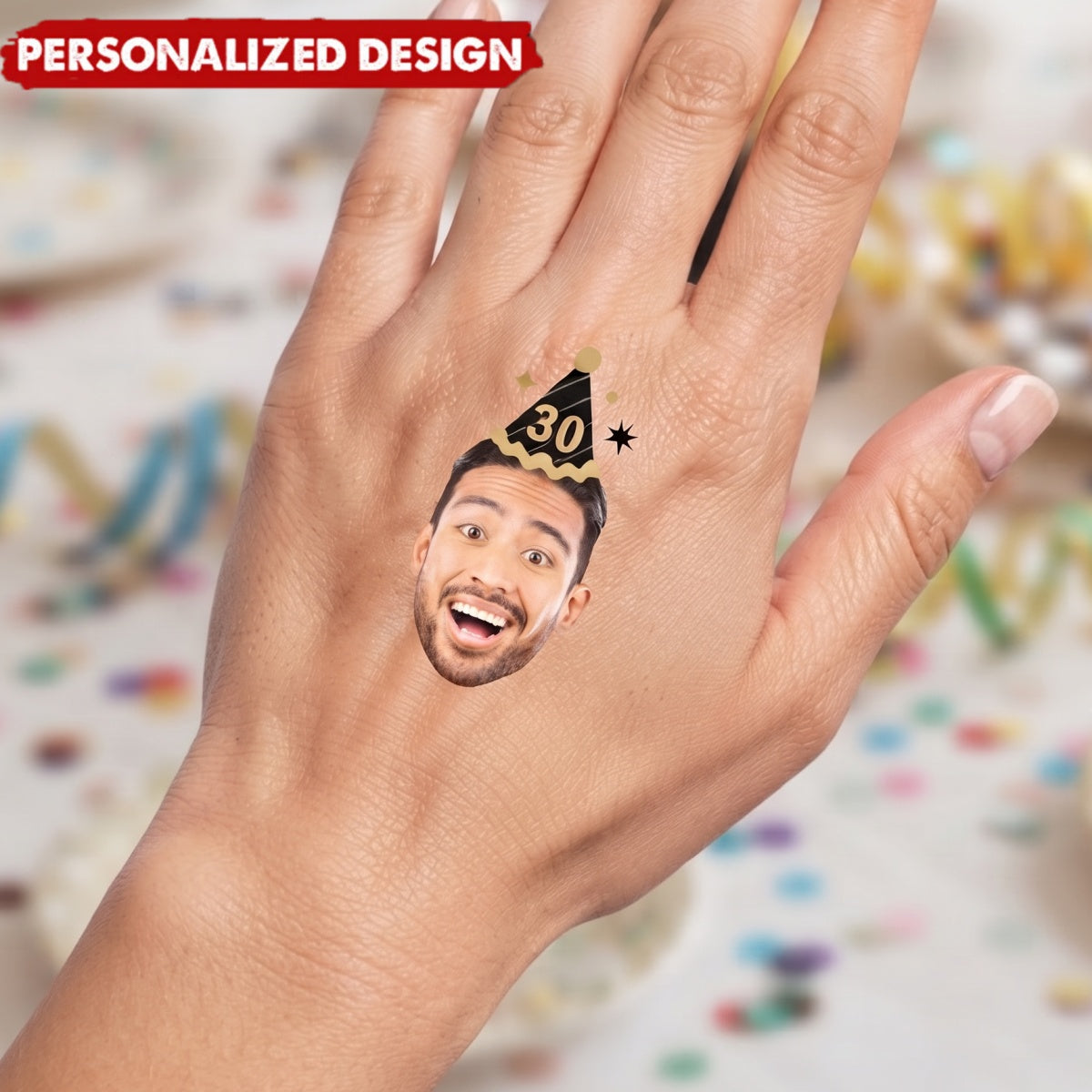 Custom Fun Face Temporary Tattoos With Party Hat & Age - Birthday Party Favors & Gag Gift For Adults