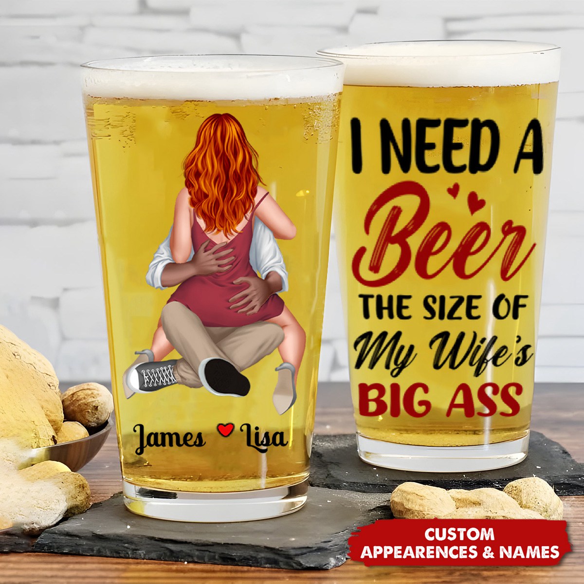 Customized Name And Photo Beer Glass - Exclusive For Couples & Lovers, Romantic Anniversary, Birthday, Christmas Souvenir