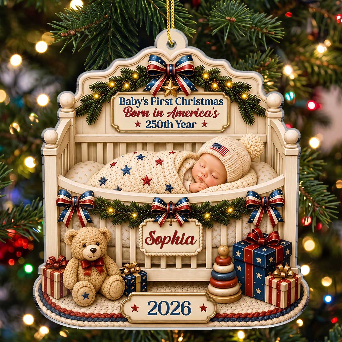 Personalized Baby’s First Christmas Born in America’s 250th Crib Acrylic Ornament - Gift For Family