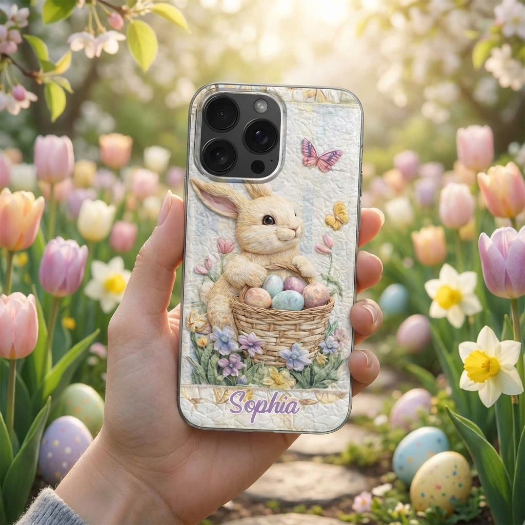 Personalized Cute Bunny Easter Basket Phone Case With Name, Gift For Kids and Bunny Lovers