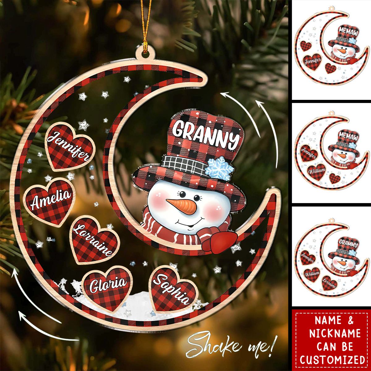 Snowman On Moon Grandma & Grandchildren Christmas - Personalized Shaker Ornament