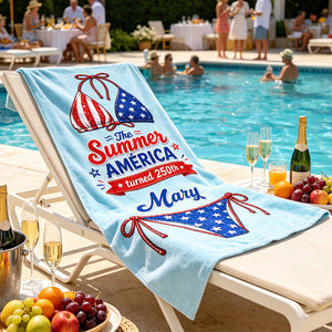 Personalized America 250th Beach Towel With Cherry Stars Stripes Bikini - Independence Gift For Her