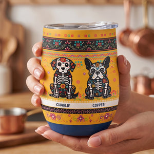 Personalized Name Dia De Los Muertos Eggshell Tumbler With Mexican Floral & Dead Dog Unique Gift for Dog Lovers