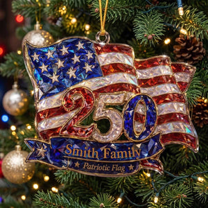 Personalized US Flag Shaped Acrylic Ornament | USA 250th Anniversary Christmas Patriotic Decor