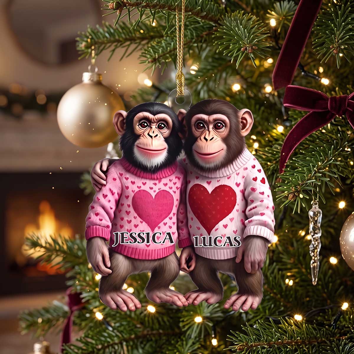 Personalized Couple Monkey Acrylic Ornament With Heart Sweater Design | Christmas Valentine Gift
