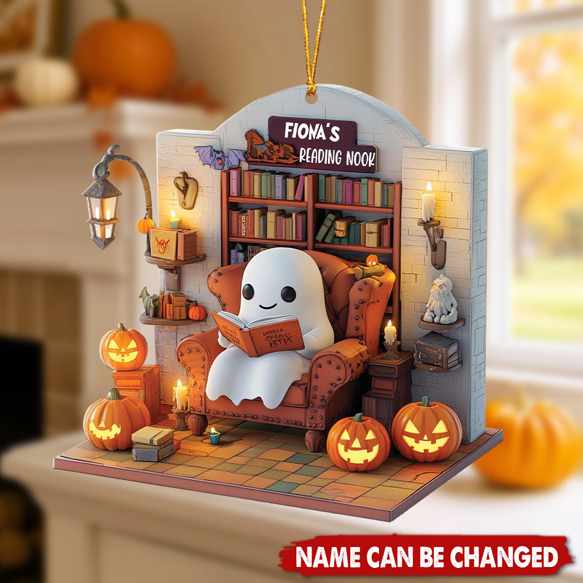Personalized Ghost Reading Nook Ornament With Name,Unique Halloween Gift For Book Lovers & Library