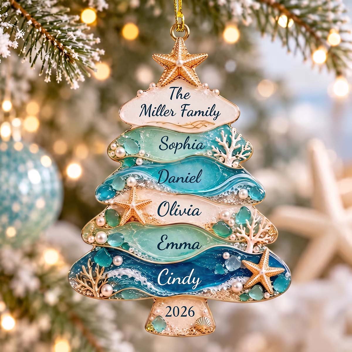 Personalized Coastal Family Name Christmas Acrylic Ornament | Coastal Christmas Keepsake Gift For Family