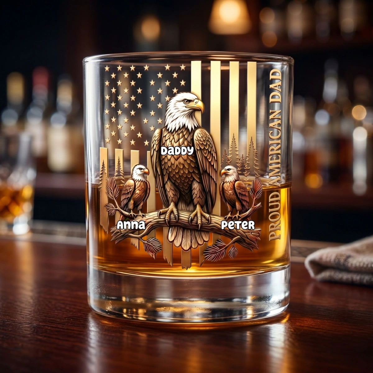 Personalized Proud American Eagle Whiskey Glass With 1-4 Kid's Names- Creative Father's Day Gift